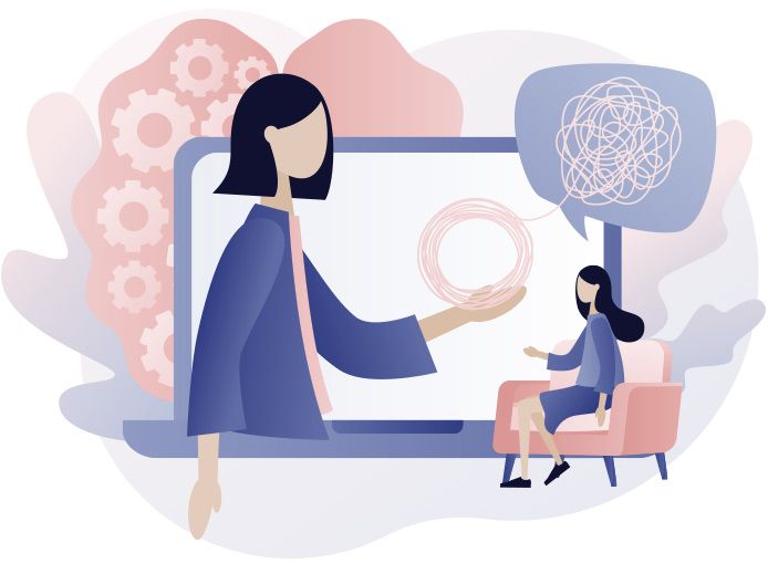 Ilustración: una psicóloga escucha a una paciente sentada en un sillón